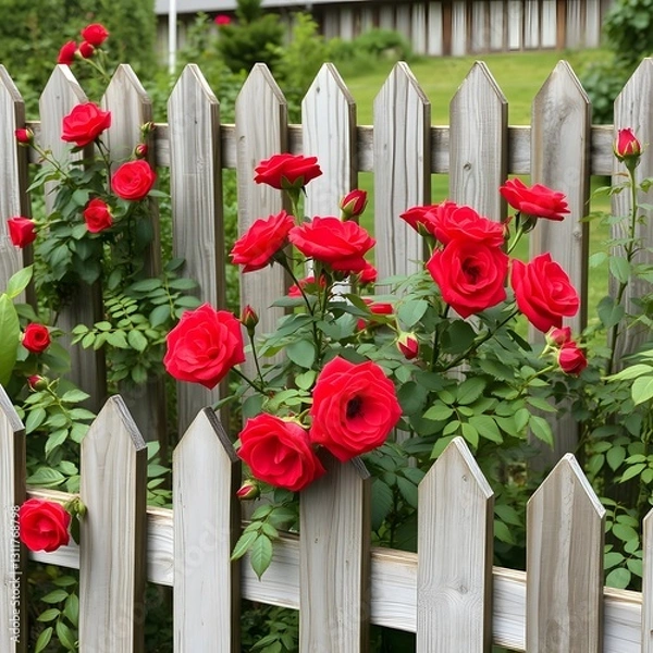 Fototapeta  Rustic Red Roses Growing Alongside Weathered Wooden Fencing in a Garden Setting