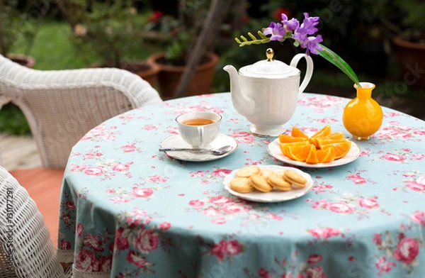 Fototapeta Filiżanka herbaty Selected Focus English Tea with orange fruit and biscuit