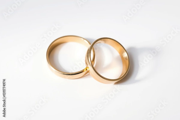 Fototapeta symbolic unity: two gold wedding rings touching on white background concept of love, marriage, commitment