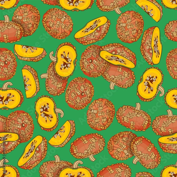 Fototapeta Seamless pattern with Galeux de Eysines Squash or French Warted Pumpkin. Winter squash. Cucurbita maxima. Vegetables. Isolated vector illustration.