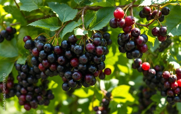 Fototapeta Blackcurrant clusters with vibrant purple berries are hanging ripe on the bush. Suitable for food and beverage products or health-related content