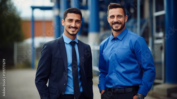 Fototapeta An attractive sales representative in a suit stands confidently in a factory setting, symbolizing professionalism and leadership within the industrial environment.

