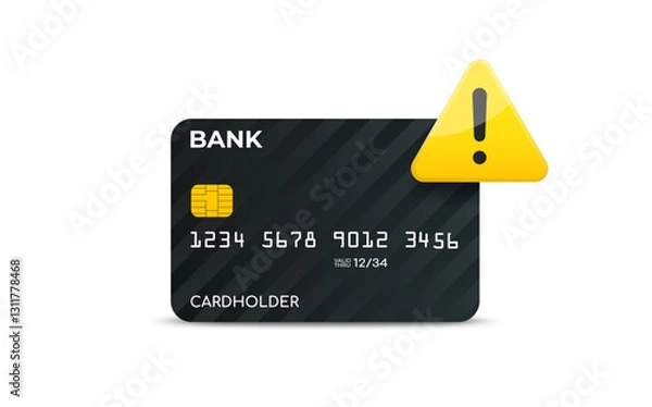 Fototapeta Credit or debit bank card with warning sign, vector illustration. Problem with transaction or payment. Important bank account notice. Security alert.