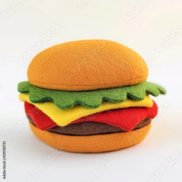 Obraz A cute wool felt toy of a tasty hamburger on a white background, cute hamburger in felt