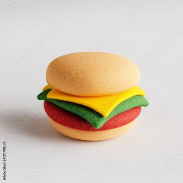 Obraz A cute wool felt toy of a tasty hamburger on a white background, cute hamburger in felt