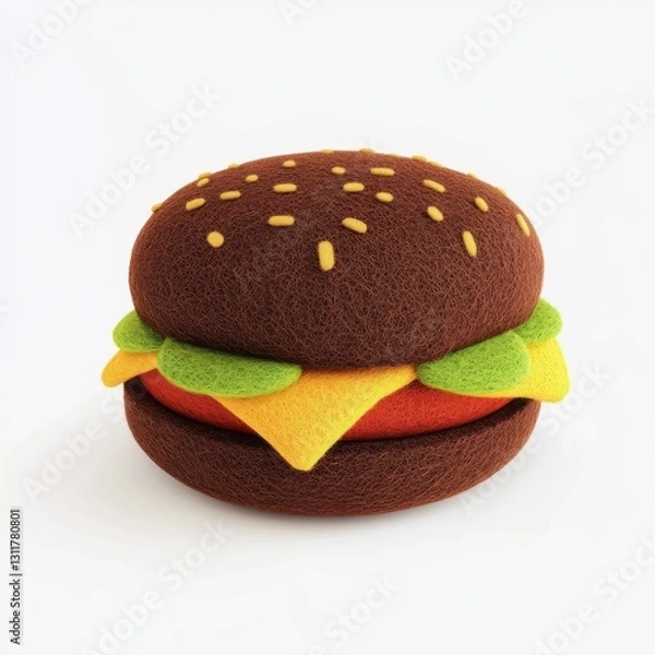 Obraz A cute wool felt toy of a tasty hamburger on a white background, cute hamburger in felt