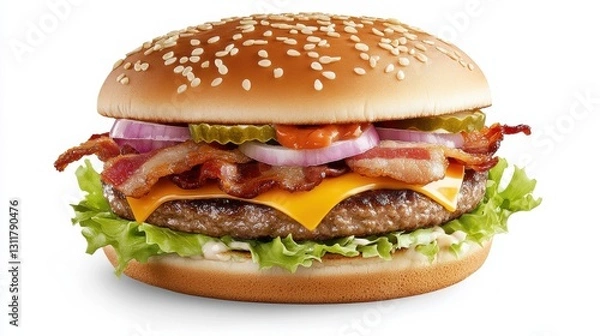 Fototapeta Craft Burger with Stacked Fresh Salad, Bacon and Melted Cheese