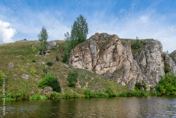 Obraz Magnificent cliffs and mountains on both banks of the Iset River in the city of Kamensk-Uralsky