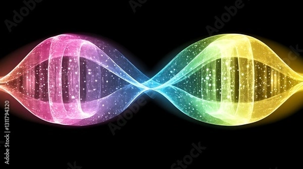 Fototapeta Colorful DNA helix strands with particles, black background, biology