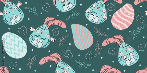 Fototapeta Seamless Doodle Happy Easter bunny and eggs pattern. Editable stroke. Background decorated with branches, dots. Vector hand drawn illustration in blue, pink colors. Isolated on green background	