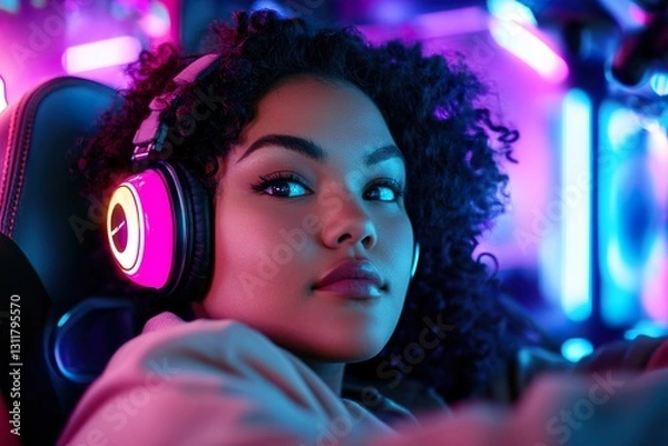 Obraz A focused plus-size gamer wearing RGB headphones immerses herself in high-tech gameplay. The neon-lit gaming room enhances the captivating atmosphere as she plays