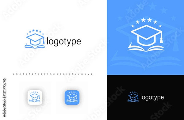 Fototapeta Academic logo with a graduation cap, open book, and stars, symbolizing education, success, and achievement. Ideal for schools, universities, and e-learning platforms. Vector logo