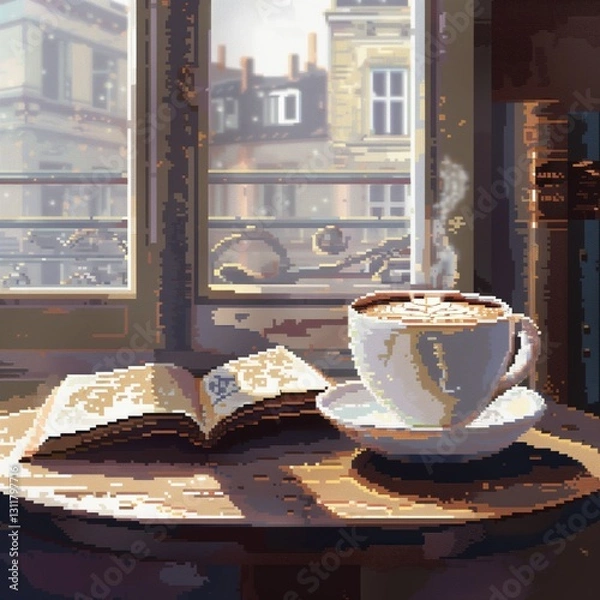 Fototapeta Sunlight filters through a window onto a wooden table, showcasing a steaming cup of coffee beside an open book, creating a warm, inviting atmosphere perfect for a quiet morning