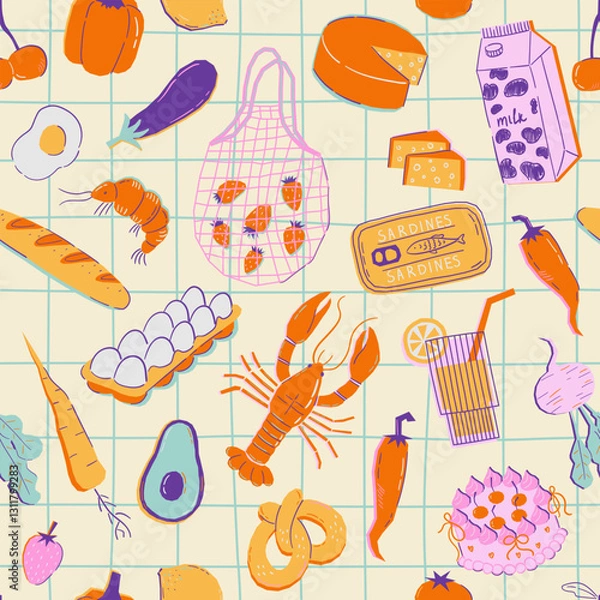 Obraz Seamless vector pattern with contemporary art food illustrations. Vegetables, fruits, berries, lobster, fish in trendy geometric style on checkered background. Colorful abstract dinner party texture