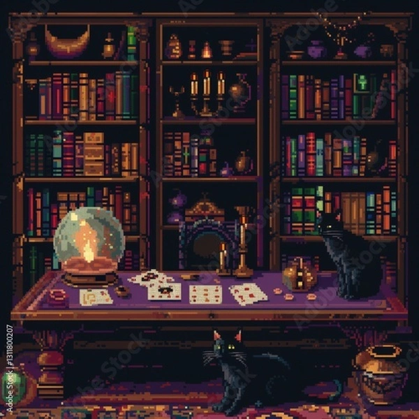 Fototapeta A cozy study is filled with books and candles, casting warm light. Two black cats sit near a table covered with tarot cards and a crystal ball, creating a mysterious atmosphere