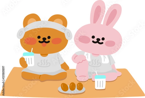 Fototapeta 찜질방 데이트를 하는 곰돌이와 토끼 캐릭터 
