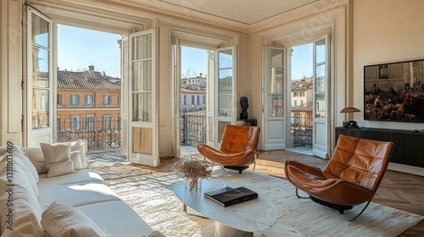 Fototapeta Luxury Rome apartment with a stylish lounge chair, open glass windows revealing historic architecture and cobblestone streets
