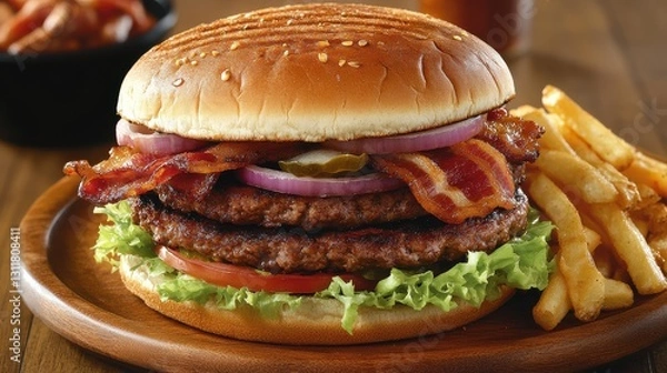 Fototapeta Large Double Burger with Stacked Lettuce and Crispy Bacon