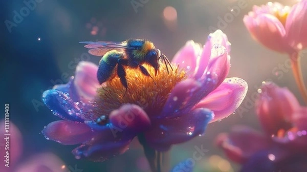 Obraz Bee Pollinating Pink Flower Bloom