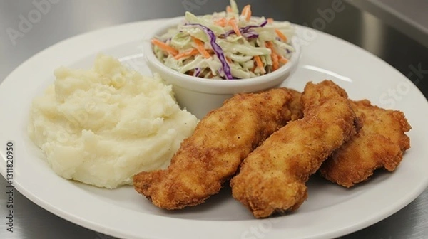 Fototapeta A plate of crispy chicken schnitzel with a side of mashed potatoes and fresh coleslaw.