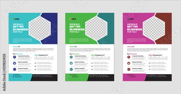 Fototapeta A bundle of 3 templates of different colors  flyer template, modern business flyer template,  Business abstract vector template. Brochure design, cover modern layout, annual report, poster,  Creativ