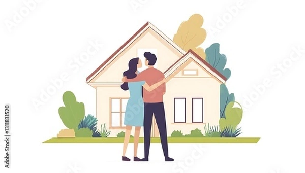 Fototapeta Happy Couple Embracing in Front of Their New Dream Home Illustration