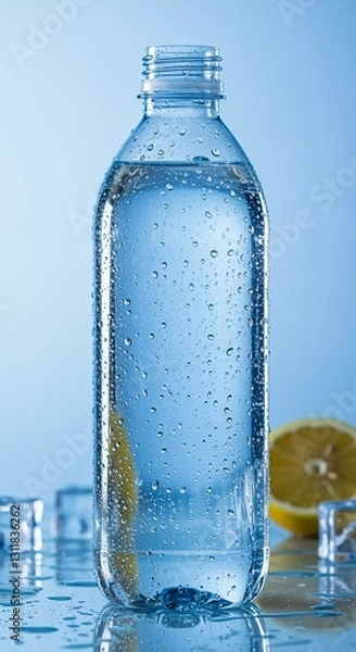 Obraz Refreshing clear water in plastic bottle with condensation and citrus slice