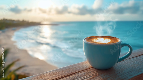 Fototapeta Enjoying a warm cup of coffee by the ocean shore at sunrise while the waves gently crash on the beach