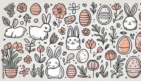 Fototapeta A hand-drawn Easter clipart set featuring cute doodles of Easter elements like bunnies, eggs, flowers, and baskets, perfect for festive designs and decorations.
