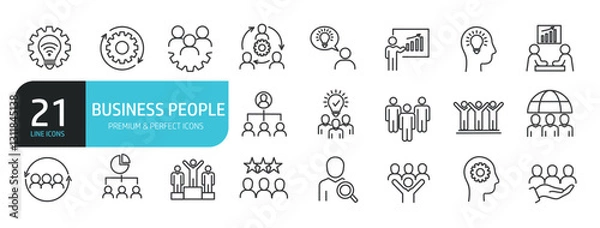 Fototapeta Set of line icons related business people, teamwork, employee. Outline icons collection. Editable stroke. Vector illustration