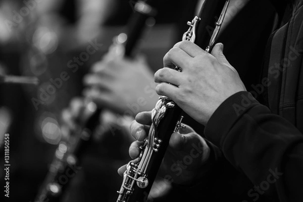 Obraz Clarinet in the hands of a musician in an orchestra in black and white