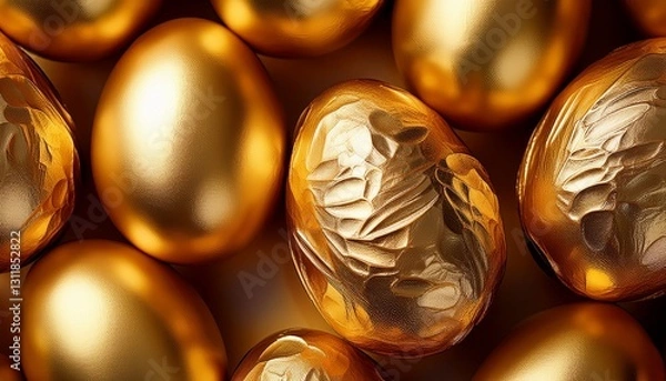 Fototapeta Metallic gold Easter eggs with a foil texture, creating an exclusive, premium look with luxurious appeal