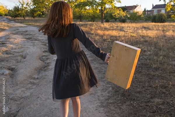 Obraz Happy readhead girl dancing and holding a wooden suitcase in a field. Horizontal, holidays