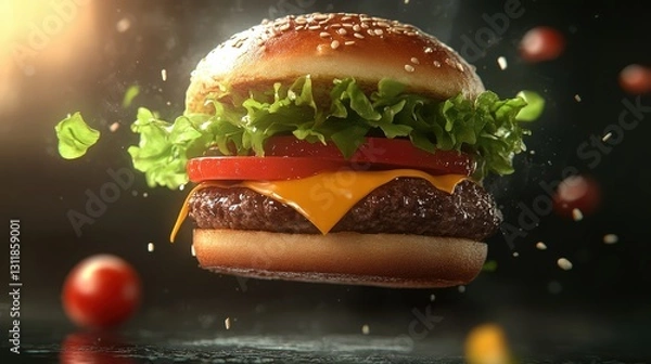 Fototapeta Floating Burger with Fresh Lettuce, Tomato, and Melted Cheese