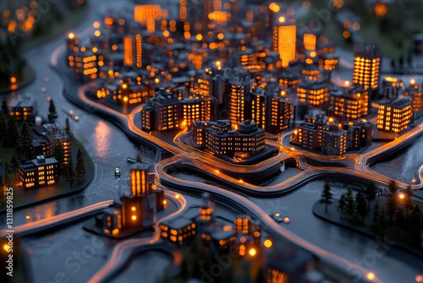 Obraz A vibrant urban scene at dusk, with glowing district heating pipes weaving through a modern