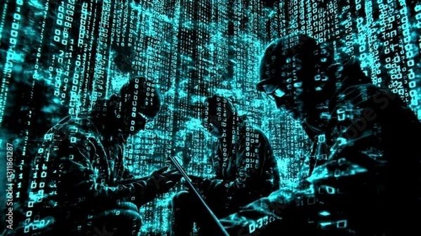 Fototapeta Military cyber warfare, digital attack, binary code, covert operation