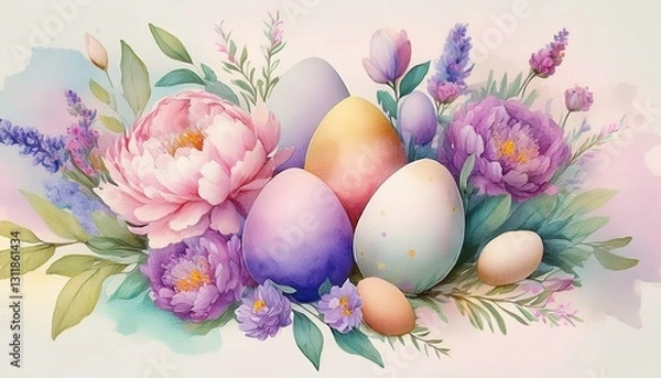 Fototapeta Delicate watercolor illustration of Easter eggs surrounded by peonies and lavender flowers. A soft, serene design capturing the beauty of spring and the essence of the Easter celebration.
