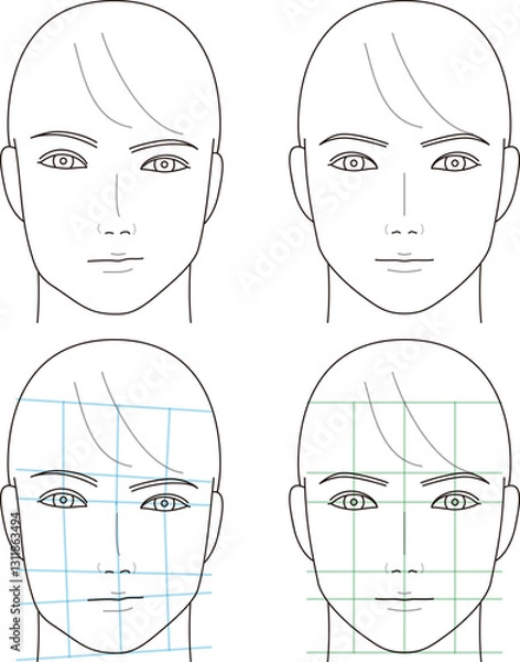 Obraz 男性の正面から見た顔。シンメトリーの顔と歪みがある顔。
