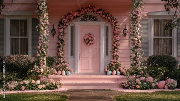 Obraz Charming pink house entrance with floral decor and pastel easter eggs. Easter, Pascha, Paskha, Ostern, Pascua, Paques - Orthodox and Catholic Holiday celebration