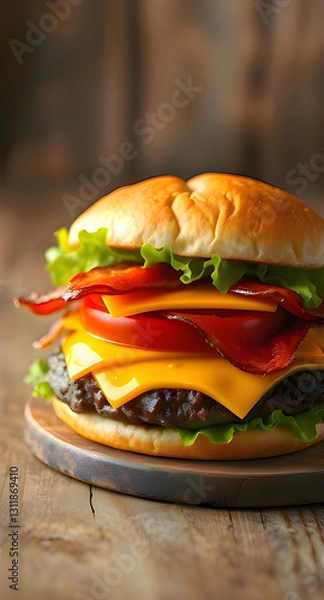 Fototapeta Gourmet cheeseburger with bacon and fresh ingredients on a rustic wooden background