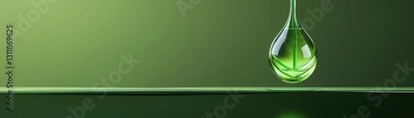 Fototapeta A droplet of green liquid hangs delicately above a smooth surface, set against a soft green background, evoking a sense of freshness and tranquility.