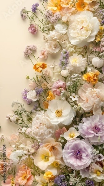 Obraz A vibrant mix of colorful flowers arranged artistically on a soft, neutral background, showcasing nature's beauty and elegance.