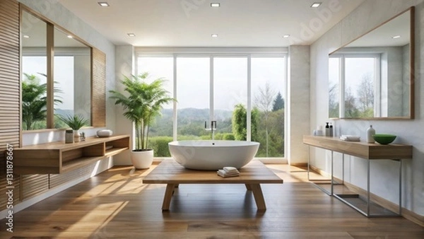 Fototapeta Serene Minimalist Bathroom Design Featuring a Freestanding Tub and Expansive Window Views