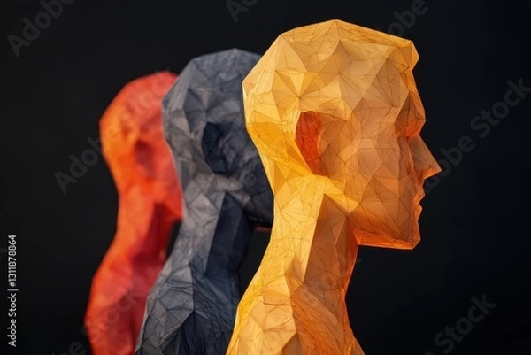 Fototapeta Customer journey behavior personalization. Abstract sculptures in vibrant colors representing human figures, showcasing artistic creativity and geometric design against a dark background.
