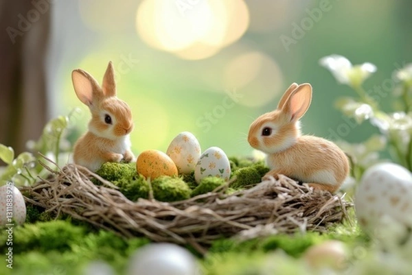 Fototapeta Adorable easter bunnies playing around a nest with colorful eggs in a spring setting