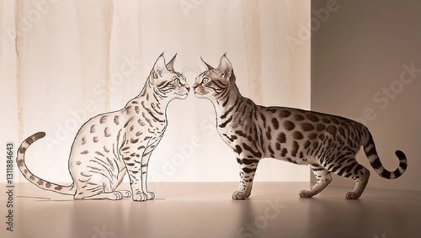 Fototapeta Artistic illustration of two Bengal cats interacting in a softly lit environment, Pet Photography for Blogs, Websites, and Social Media Campaigns