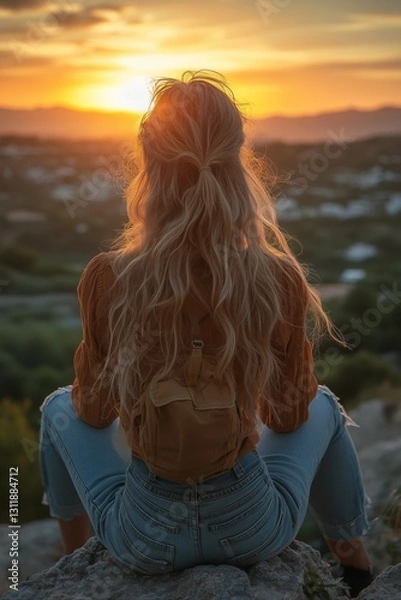 Fototapeta Woman with a backpack watching the sunset from the top of a hill.
