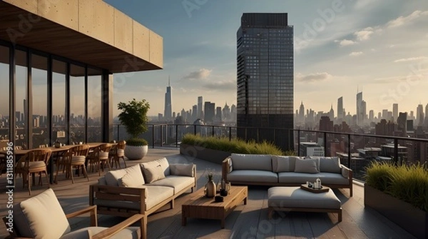 Fototapeta A captivating image of a skyscraper rooftop terrace with a breathtaking view of the city, highlighting urban living and the lifestyle of city dwellers. generative.ai