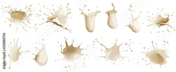 Fototapeta Intriguing splashes of light brown liquid in various forms showcasing motion and energy isolated on white background : Generative AI