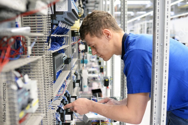 Fototapeta young apprentice assembles components and cables in a factory in a switch cabinet - workplace industry with future